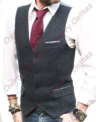 Mens Wool Blend Slim Fit Grey Gray Herringbone Tweed Waistcoat Vest All Sizes • $46.03