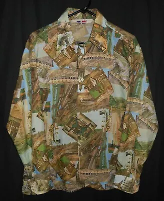 Vintage Polyester Shirt 70's Victorian Trains All Over Print Trafalgar Large • $58