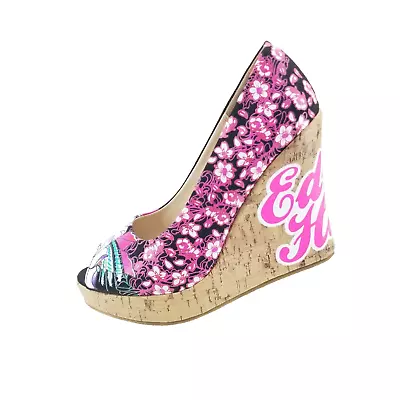 Ed Hardy Floral 4.5  Heel Shoes Cork Platforms Peep Toes Pink Y2k  Womans Sz10 • $44.88