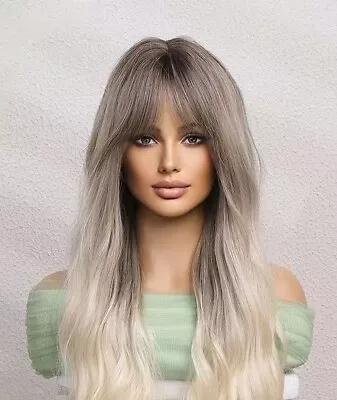 100% Human Hair New Female Long Straight Hair Light Grey Blonde Wig 26 Inches • $28.99