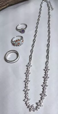 Vintage 925 Sterling Silver Necklace & Three 925 Sterling Rings Lot Opal... • $60