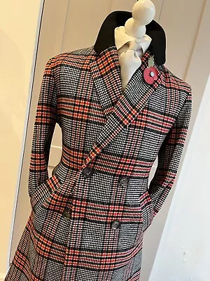 Mens Grey Red Black Check Velvet Collar Covert Coat S 36 38 Wool Tweedy Tartan • £36.99