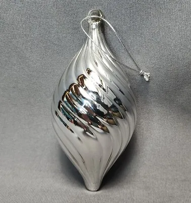 Vintage Hand Blown Art Glass Swirl Teardrop Silver Chrome Christmas Ornament 5  • $22.50