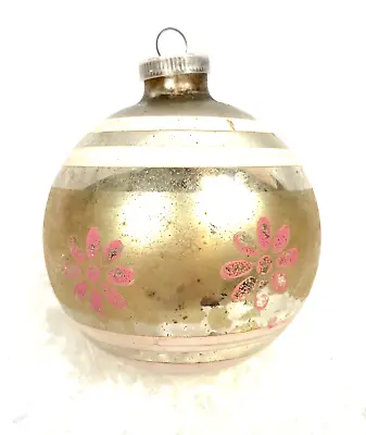 Vintage Blown Glass Ball Christmas Ornament Stencil Flower Stripe 3  Germany • $28
