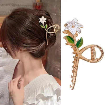 Lily Flower Shark Clip Metal Hair Claw Elegant Hair Grab Ponytail Clip Women UK • £3.95