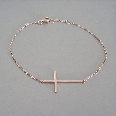 Sideways Cross Bracelet Rose Gold Plated Sterling Silver 925 Christian Easter • $18.99