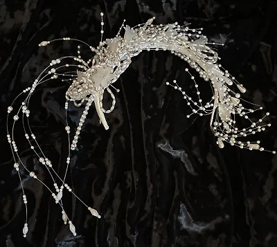 Vintage White Beaded Headpiece Floral Head Band Wedding Tiara Wire • $39