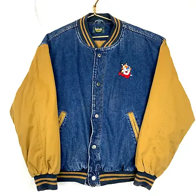 Vintage Tony The Tiger Kellogg's Snap Button Denim Bomber Jacket Size Large Blue • $72.24