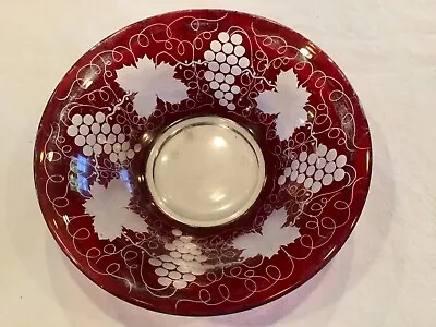 VTG 12” Ruby Red Flashed Cut To Clear Bohemian Crystal Etched Glass Fruit Bowl • $12.50