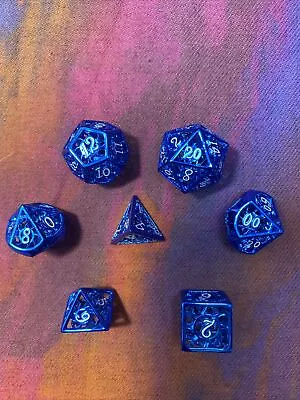 Blue Hollow Metal Alloy Polyhedral D&D Gaming Dice 7 Pc Set Dungeons Dragons MTG • $20