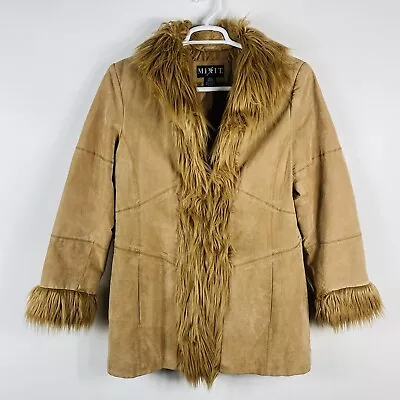 Mixit Size Large Y2K Genuine Suede Faux Fur Trim Coat Tan Casual 90s • $85.84