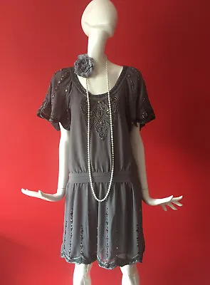 Oasis Grey Flapper 1920s Gatsby Charleston Beaded Sequin Dress Size 8 EUR 34 • £44.95