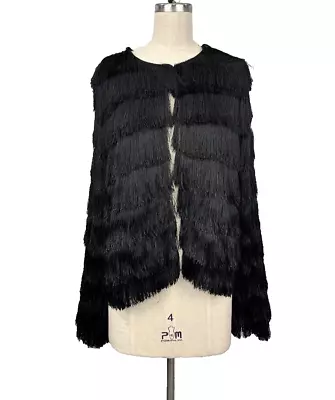 Zara Fringe Flapper Jacket Women Medium Black Flowy Movement Special Occasion • £57.86