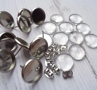 10/20/50pcs Stainless Steel Stud Earring Blanks - Bezel Tray For 12mm Cabochon • £4.95