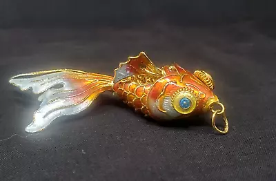 Koi Fish Pendant Articulated 3-1/4  Enamel Gold Tone Aqua Blue Orange Cloisonne • $32