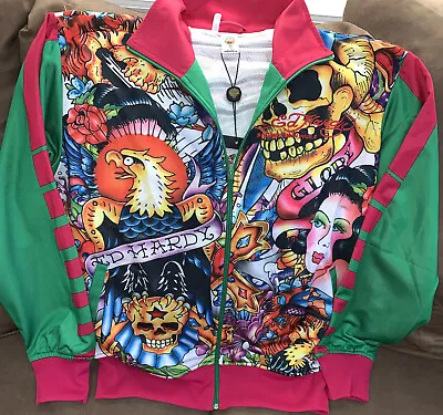 Ed Hardy Collage Tattoo All Over Design Track Jacket Unisex M Embroidered Logo • $400