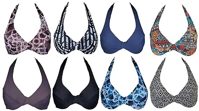 Womens Bikini Top REVERSIBLE Underwired D DD E F G Cups Halter Neck Bra Swimwear • £12