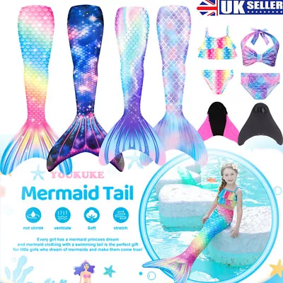 Mermaid Tail Kids With Monofin Swimmable Bikini Set Costume Swimsuit Swimming • £11.65