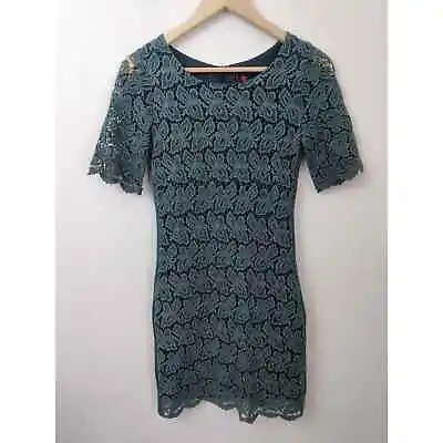 Yumi Kim Teal Blue 100% Cotton Short Sleeve Butterfly Lace Sheath Dress Size 0/2 • £32.06