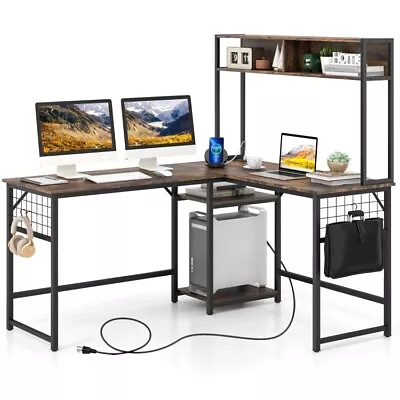 L-Shaped Computer Hutch Desk Home Office Workstation Corner Table W/Power Outlet • $147.98