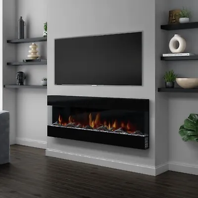 Large 60  Electric Wall Mounted Fireplace Suite Black Glass Mirrored LED Flame • £429.92
