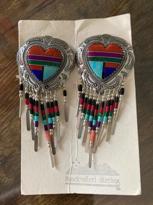 $49 • Buy Vintage QT Quoc Sterling Concho Heart Post Dangle Stone Earrings  3 Inch