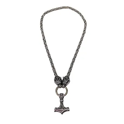 Mens Stainless Steel Heavy Wolf Viking Thors Hammer Pendant Chain Necklace • $26.99