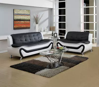 NEW Black White Leather 2PC Sofa Loveseat Set Contemporary Modern Furniture • $849.99