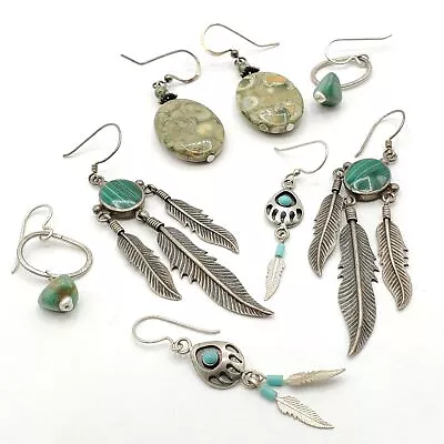 +SW 925 Silver Malachite Jasper Turquoise Earrings Cabochon Feather Pierced Lot • $15