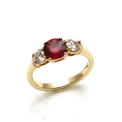 Vintage 14k Rubellite Diamond 3 Stone Ring Yellow Gold Pink Magenta • $1549.99