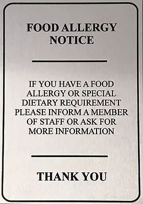 Printed Food Allergy Safety Notice Metal Signs A4A5 Silver Plaque Shop Cafe Pub • £6.99