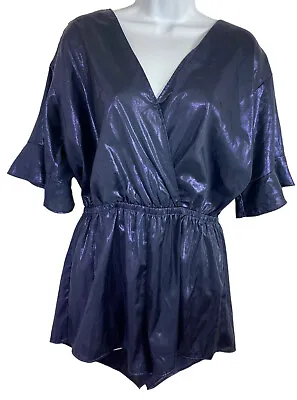 Victoria's Secret Navy Blue Shiny Sparkly V-Neck  Romper  Sz M Flutter Sleeve • $12