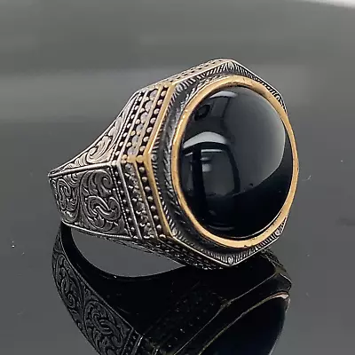 925k Silver Men Handmade Round Onyx Stone Ring  Natural Onyx Gemstone Ring • $80