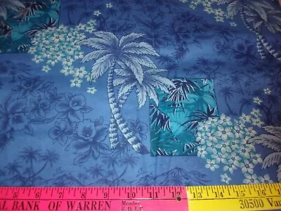 VINTAGE HAWAIIAN TREES AND FLOWERS BLUE COTTON QUILT SEW/CRAFT Fabric  1 Yd X 44 • $5.99