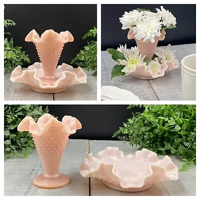 Fenton ROSE PASTEL HOBNAIL Milk Glass PETITE EPERGNE 4” Vase 6” Bon Bon 1954 • $179.99