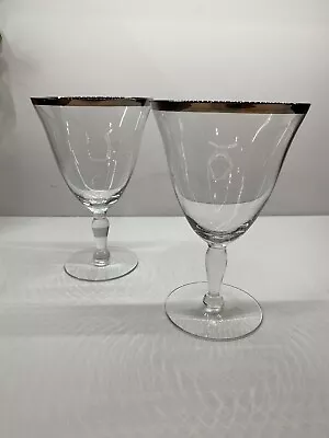 2 Vintage Water Goblets By West Virginia Glass Platinum Trim 12 Oz 6.25” Tall • $18