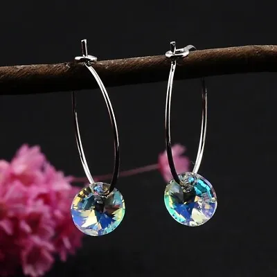 £6.99 • Buy 925 SOLID Silver Hoop Earrings RIVOLI Crystals Made With Swarovski Elements AB