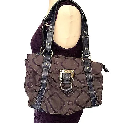 $19.99 • Buy LineaR Fabric Shoulder Bag Purse Purple Double Handle Faux Croc Geometric