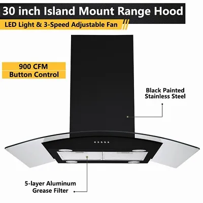 JOEAONZ 30inch Island Range Hood Vent Black Stainless Steel Cooking Fan 900CFM • $269.99