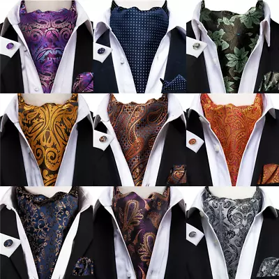 Mens Silk Ascot Cravat Vintage Tie Jacquard Paisley Scarf Hanky Cufflinks Set • £9.59