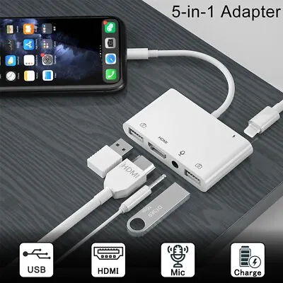 8 Pin 1080P TV Mic Audio HDMI Digital AV Adapter USB/OTG Hub For Apple IPhone • £10.19