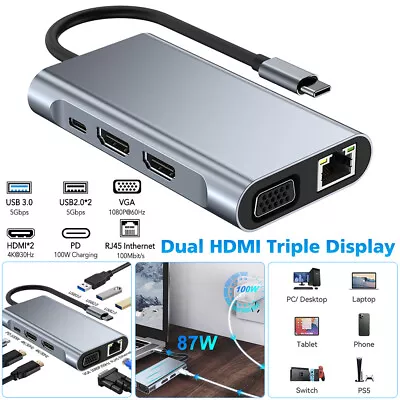$48.99 • Buy 8 In 1 Laptop Docking Station Type-C Dual HDMI Hub Adapter USB-C Triple Display