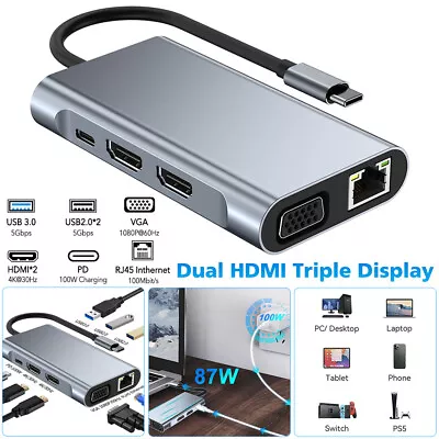 8 In 1 Laptop Docking Station Type-C Dual HDMI Hub Adapter USB-C Triple Display • $48.99