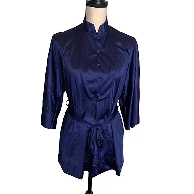 Vintage Vanity Fair Pajama Top Womens 34 Nylon Navy Blue With Belt Button • $17.99