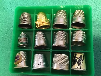 COLLECTION #1 - 12 VINTAGE SEWING THIMBLES In Case - Silhouette German Austria • $28