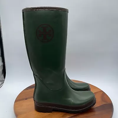 Tory Burch Rain Boots Womens 8 Green Knee High Rubber Logo Pull On • $42.49