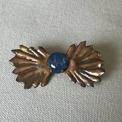 Vintage Brassy Toned Butterfly/two Wing  Shaped Design Brooch Small Blue Gem • $17