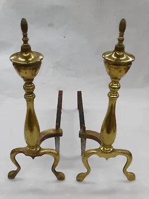 Vintage Pair Of 18 1/4  Tall KNICK # 107 Brass & Cast-Iron Fireplace Andirons • $59.85