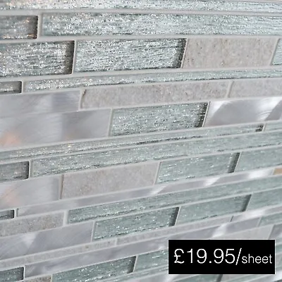 CUT SAMPLE Strato White Brushed Metal Glass Stone Feature Mosaic Or Border Tiles • £1.50