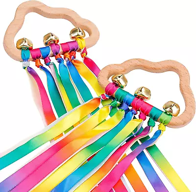 2PCS Sensory Wooden Ring Baby Toys - Babies Rainbow Ribbon Rattle Toy Toddler • £7.13